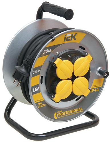 Удлинитель на металлической катушке "Professional" УК20 4х20м 16А IP44 с заземлением с термозащитой КГ 3х1,5мм² IEK WKP16-16-04-20-44: фотография 1