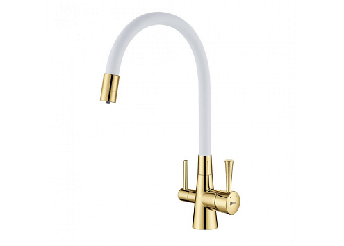 Смеситель Lemark "Комфорт" LM3075G-White для кухни, с гибким изливом с подключением к фильтру питьевой воды золото/белый: фотография 1