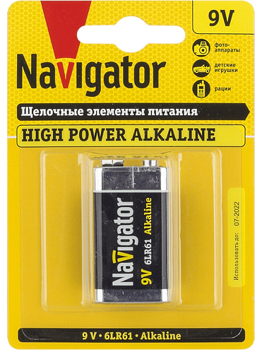 Элемент питания алкалиновый "крона" 6LR61 94 756 NBT-NE-6LR61-BP1 уп.1шт NAVIGATOR 94756: фотография 1