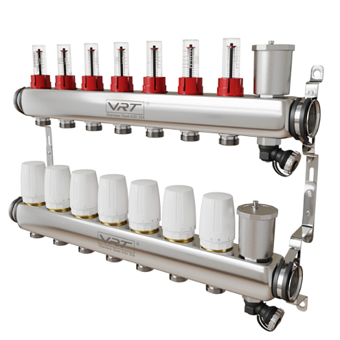 Коллекторная группа VRT 1'' х 3/4'' (евроконус)  7 выходов, автоматические воздухоотводчики, c расходомерами: фотография 1