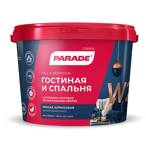 Краска акриловая PARADE W2 Гостиная & Спальня белая матовая 10л : фотография 1