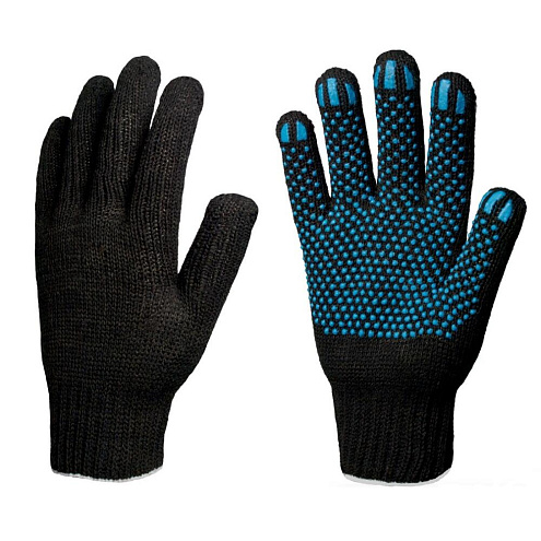 Перчатки трикотажные х/б с ПВХ, 7класс, 5-нитка черные (оверлог): фотография 1