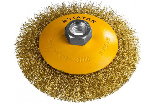 Коническая щетка, 115мм, посадочный М14, витая латунированная проволока 0,3мм, STAYER: фотография 1