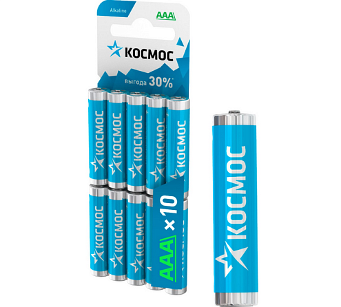 Элемент питания алкалиновый AAA/LR03 10хBL уп.10шт КОСМОС KOCLR0310BL: фотография 1