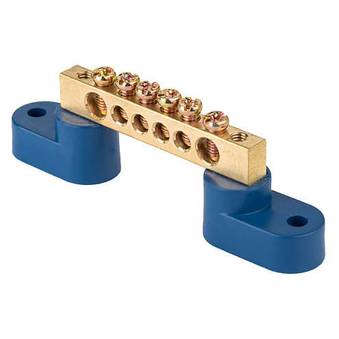 Шина нулевая N 6х9 6 отверстий 2 синих угловых изолятора латунь PROxima EKF sn0-2-63-06: фотография 1