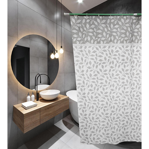 Занавеска-штора для ванн SANTREK HOME 180х180 PEVA 60699 с кольцами Серые листья П220: фотография 1