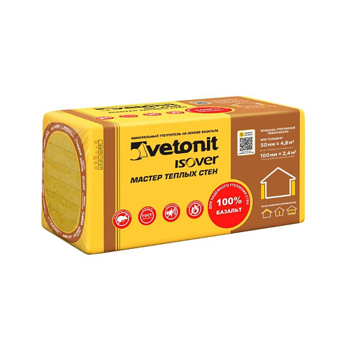 Утеплитель в плитах Изовер Мастер Теплых Стен 100мм 0,24м³/2,4м² 600х1000мм: фотография 1