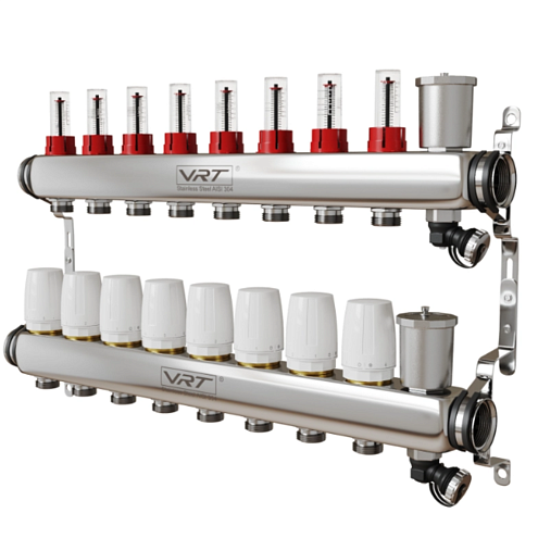 Коллекторная группа VRT 1'' х 3/4'' (евроконус)  8 выходов, автоматические воздухоотводчики, c расходомерами: фотография 1