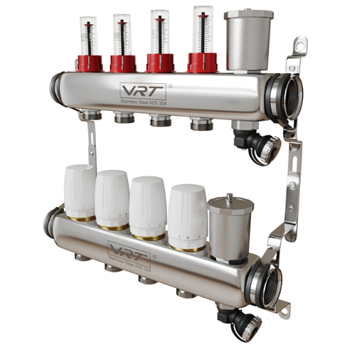 Коллекторная группа VRT 1'' х 3/4'' (евроконус)  4 выхода, автоматические воздухоотводчики, c расходомерами: фотография 1