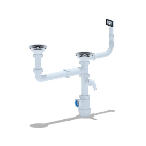 Сифон Грот 3 1/2"х40 двойной разноуровневый смещенный с переливом и отводом для стиральной машины АНИ Пласт А7700: фотография 1