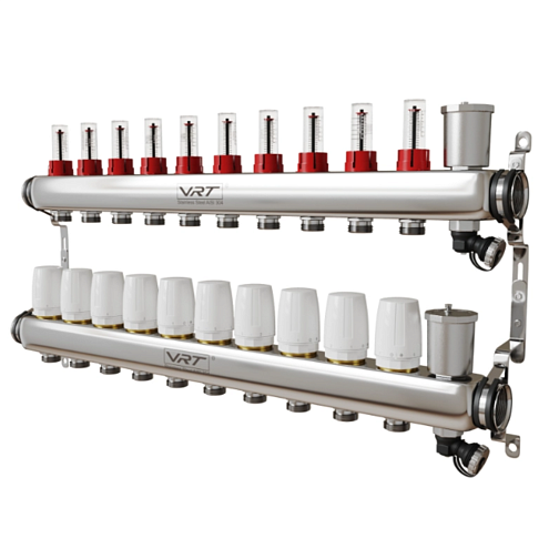 Коллекторная группа VRT 1'' х 3/4'' (евроконус) 10 выходов, автоматические воздухоотводчики, c расходомерами: фотография 1