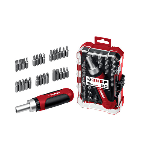 Набор бит МАСТЕР-29, реверсивная отвертка, 28 бит, пластиковый бокс, ЗУБР: фотография 1