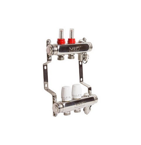 Коллекторная группа VRT 1" х 3/4'' (евроконус) 2 выхода, автоматические воздухоотводчики, c расходомерами: фотография 1