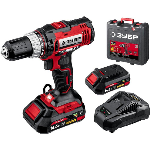 Шуруповерт Li-Ion, 14,4В, 2АКБ, 2,0Ач, 35Нм, LED-подсветка, индикатор заряда, кейс, ЗУБР: фотография 1