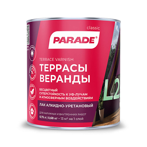 Лак алкидно-уретановый PARADE L25 Террасы & Веранды, для наружных и внутренних работ, матовый, 0,75л: фотография 1