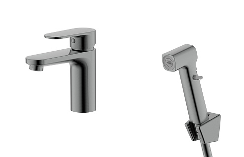 Смеситель для раковины 90 без донного клапана с гигиеническим ручным душем Aquatek Ника AQ1812BGM, оружейная сталь: фотография 1