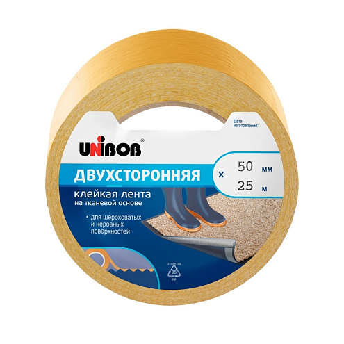 Двухсторонняя клейкая лента на тканевой основе 50мм х 25м, 147мкм для ковровых покрытий белая Unibob: фотография 1