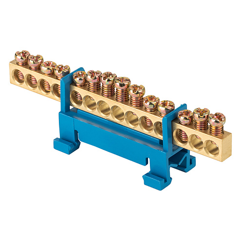 Шина нулевая N 6х9 14 отверстий синий изолятор тип "Стойка" на DIN-рейку латунь PROxima EKF sn0-63-14-sb: фотография 1