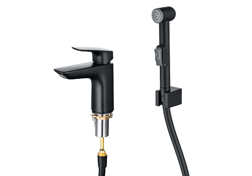 Смеситель для раковины 97 с гигиеническим ручным душем Aquatek матовый черный AQ1012MB Вега: фотография 1