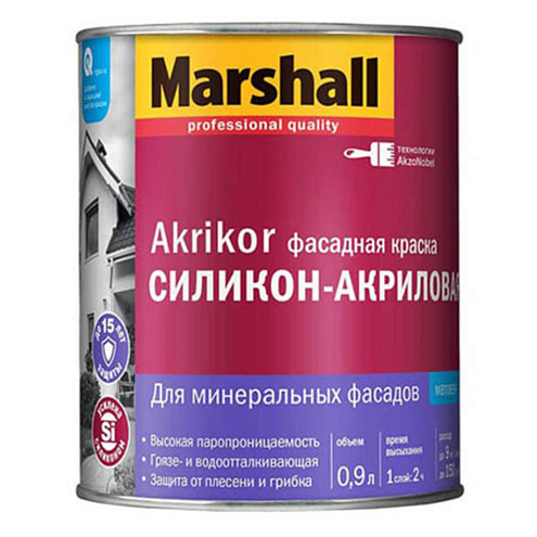 Краска Marshall Akrikor Фасадная силикон-акриловая матовая BC 0,9л: фотография 1