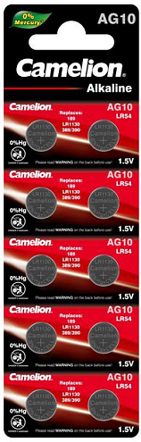 Элемент питания алкалиновый "таблетка" LR1130/389A/189/G10 Mercury Free AG10-BP0%Hg для часов BL-10 (блист.10шт) Camelion 12818: фотография 1