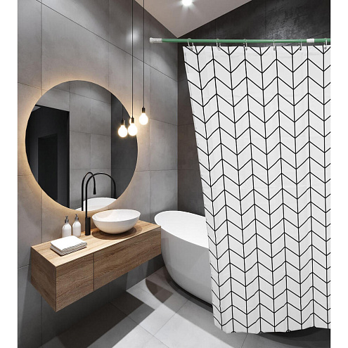 Занавеска-штора для ванн SANTREK HOME 180х180 ФОТОПРИНТ Polyester 200311 с кольцами Серый узор П221: фотография 1