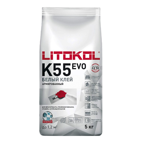 Клей для плитки, керамогранита и мозаики Litokol K55 белый класс С2 ТE 5кг: фотография 1